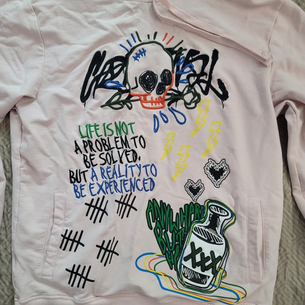 Offbeat Embroidered Graphic Pink Hoodie for Men - Picture 5 of 13